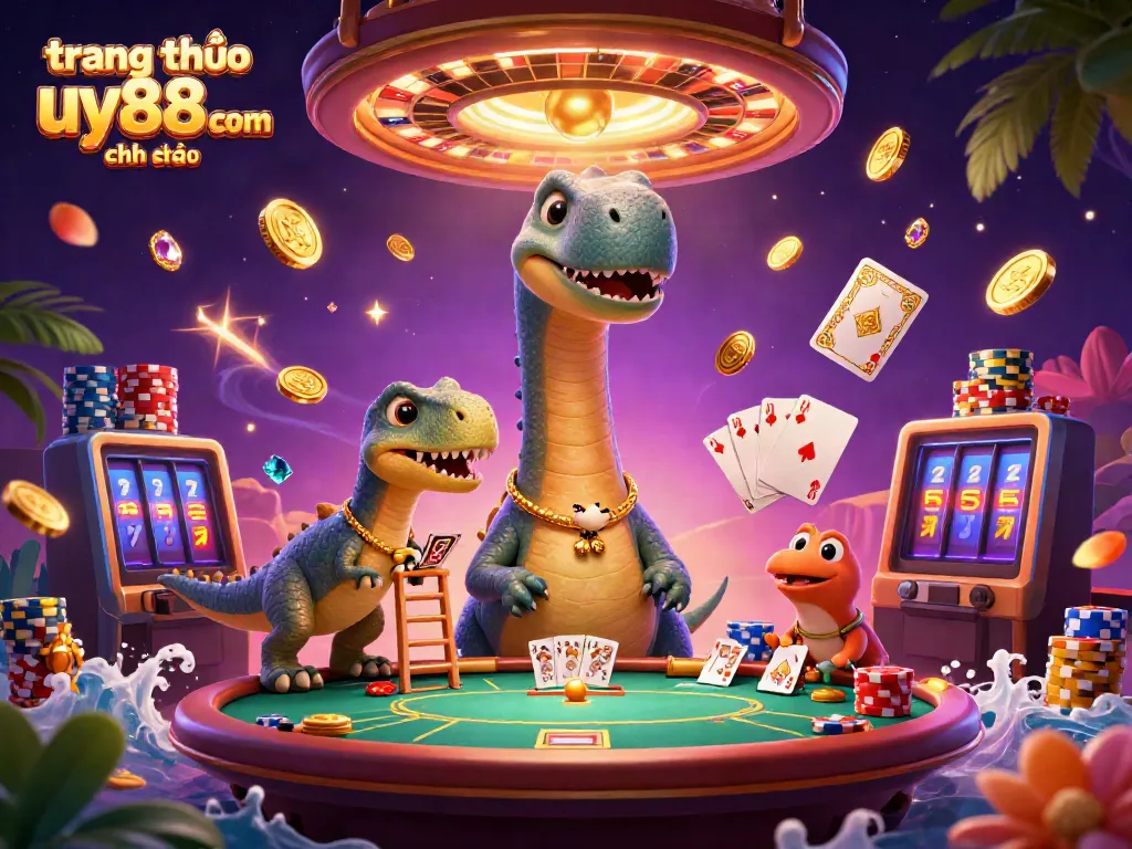 Experience winning surprises at trang chủ uy88.com chính thức with cartoon dinosaurs in a vibrant casino.