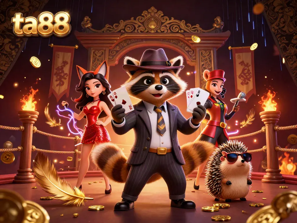 Engaging casino scene at ta88 with a suave raccoon, a fox lady, and a hedgehog bouncer surrounded by dynamic gambling elements.