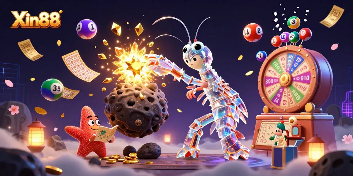 Exciting Xin88 promotional 3D illustration featuring a galactic samurai mantis shrimp amidst vibrant gambling elements.