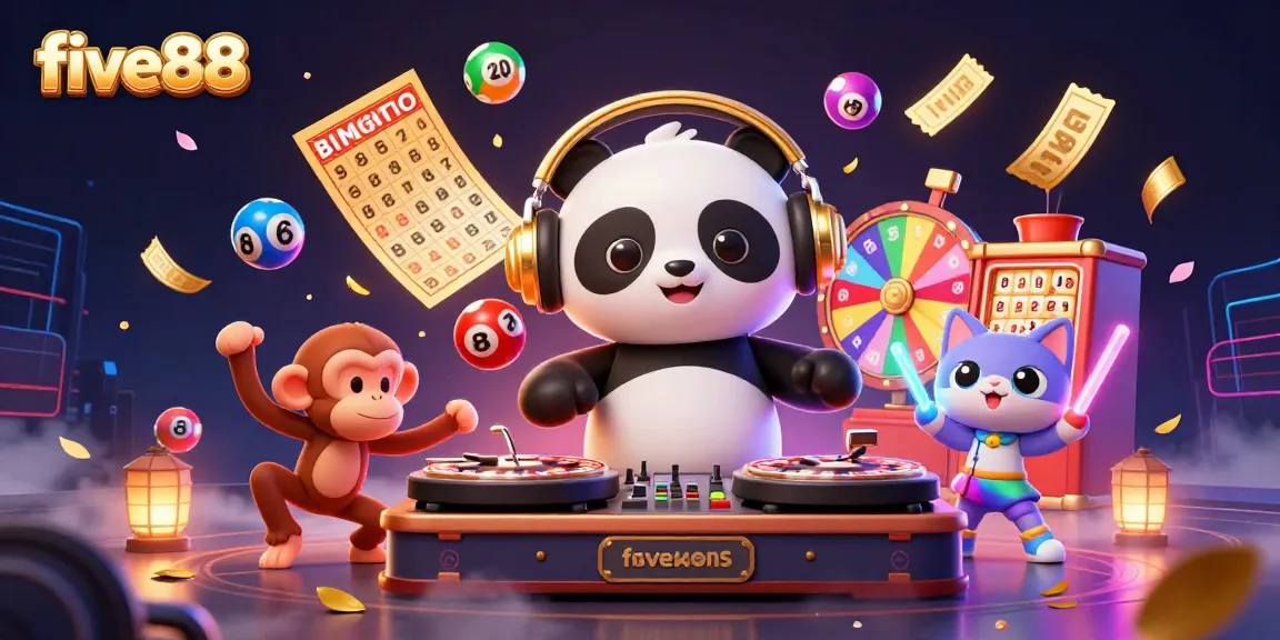 Experience vibrant gaming action with five88 as a DJ panda spins roulette wheels, surrounded by exciting game elements.