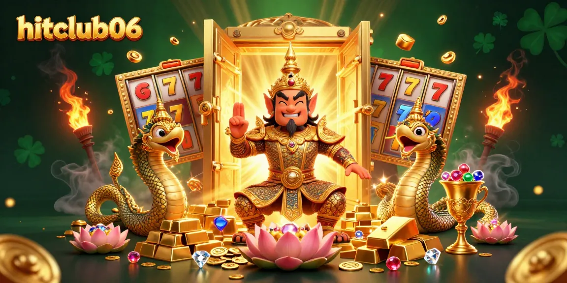 Experience the excitement at hitclub06 with vibrant 3D characters surrounded by gold treasures and gambling elements.