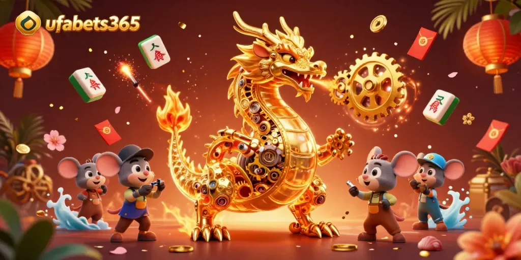Experience thrilling gaming with ufabets365, featuring a golden dragon, mahjong tiles, and festive decorations.