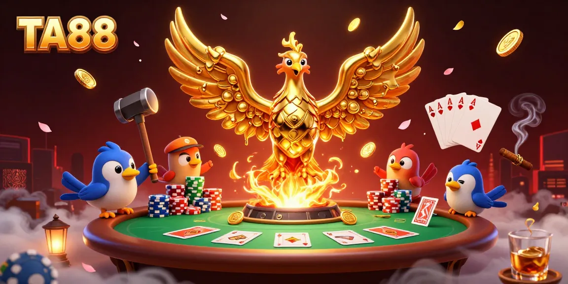 TA88 players enjoy a dynamic poker scene with golden phoenix and vibrant casino elements.