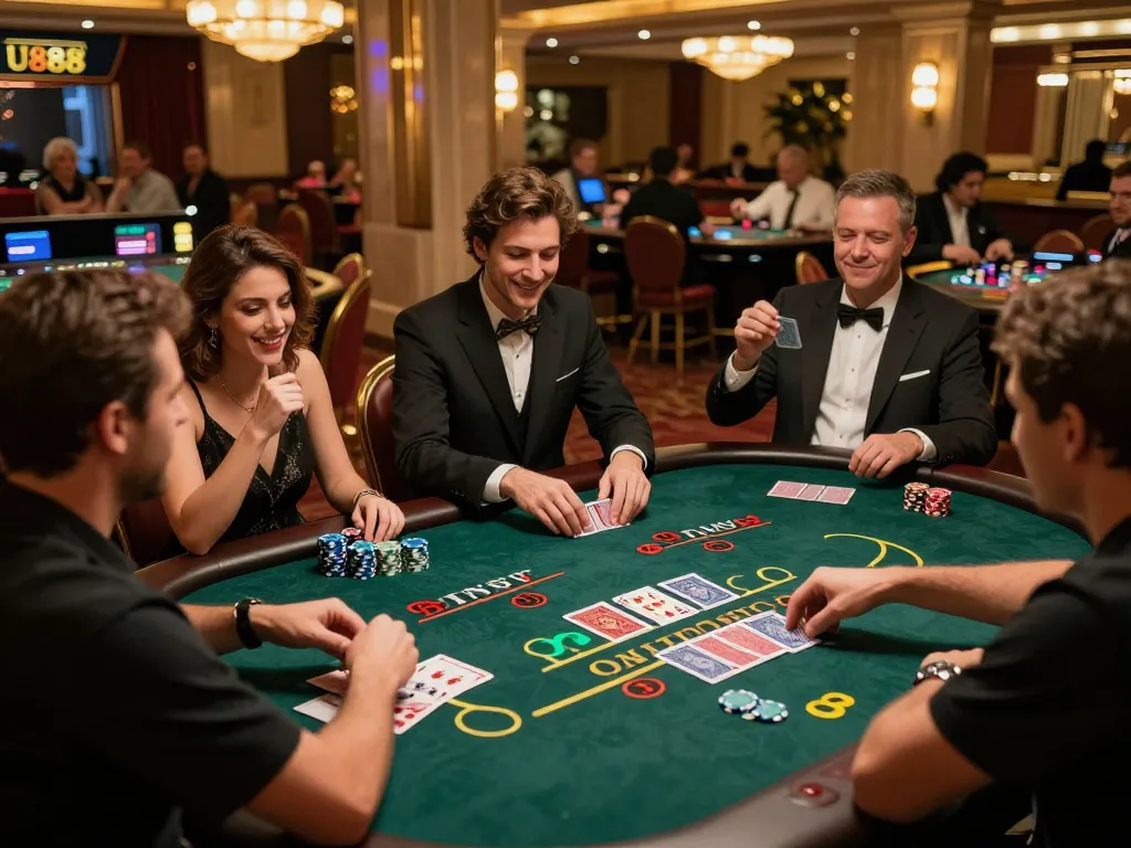 U888 players engaging in a thrilling blackjack game, dealer shuffling cards and chips on the table.