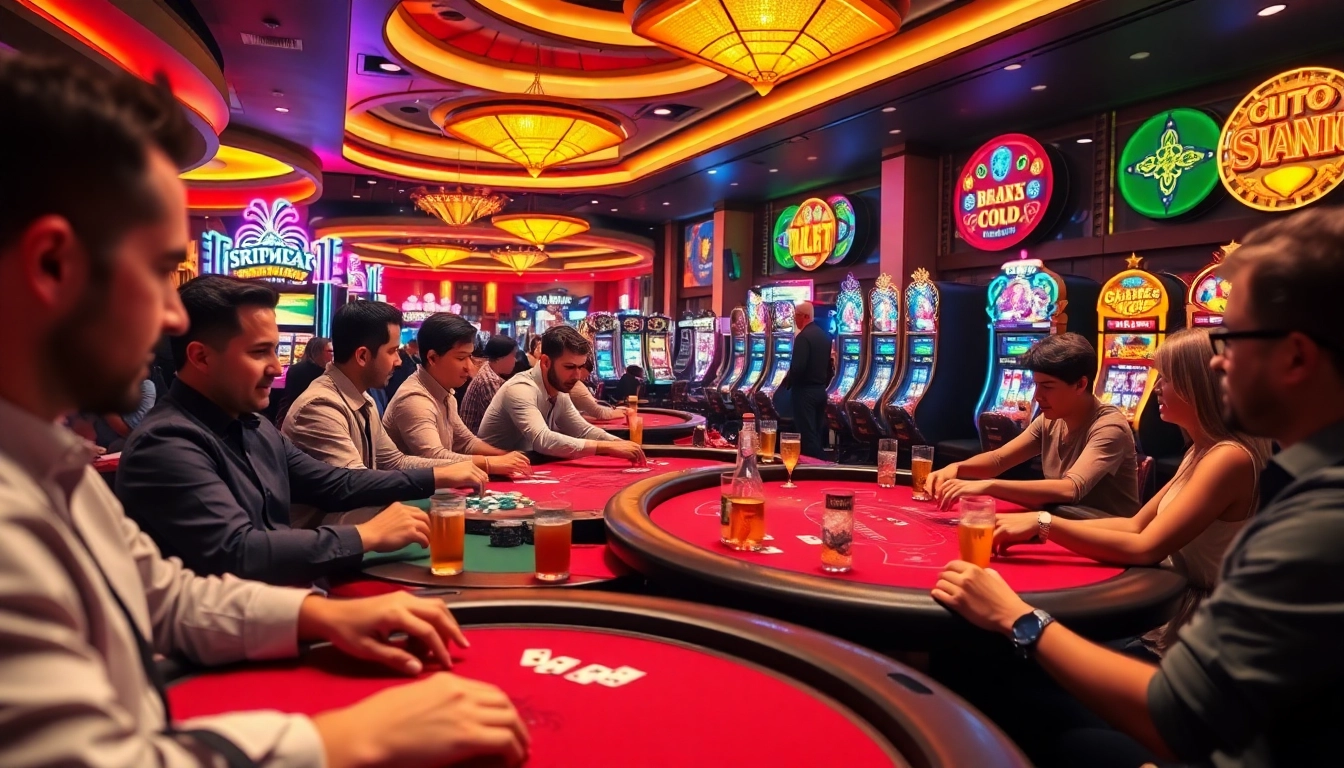 Retrait instantané paris sportif dans un casino animé avec des joueurs et des jeux de cartes.