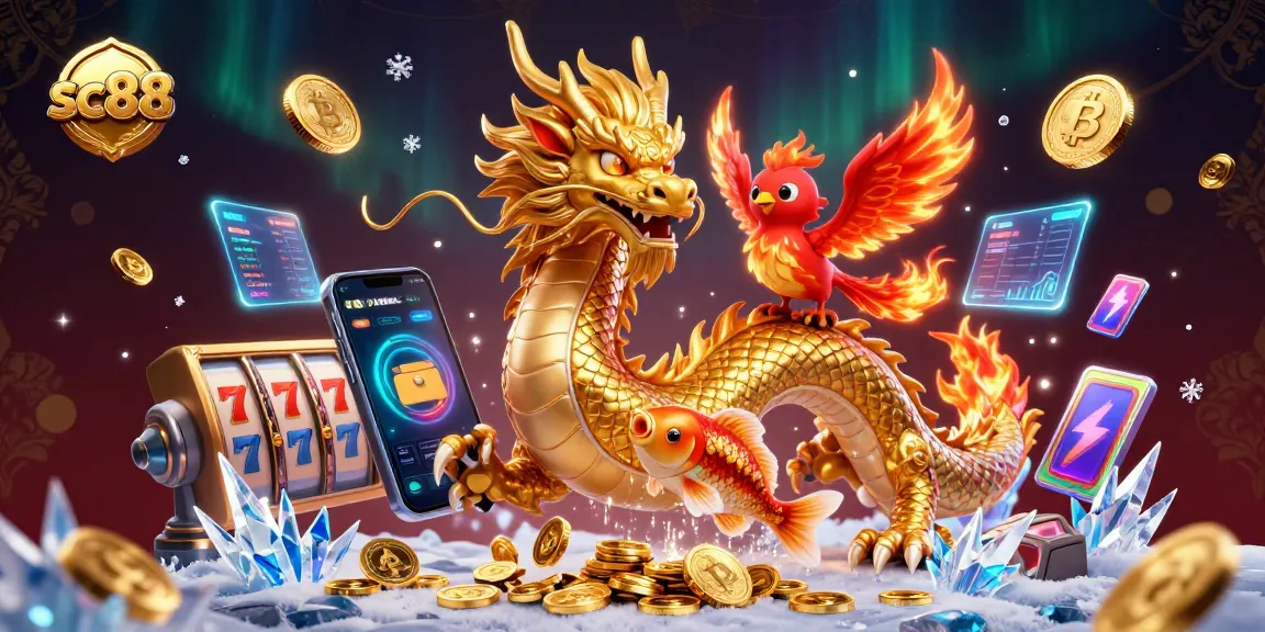 sc88 captures excitement with a fierce dragon and phoenix amidst coins and slot symbols in a rich casino scene