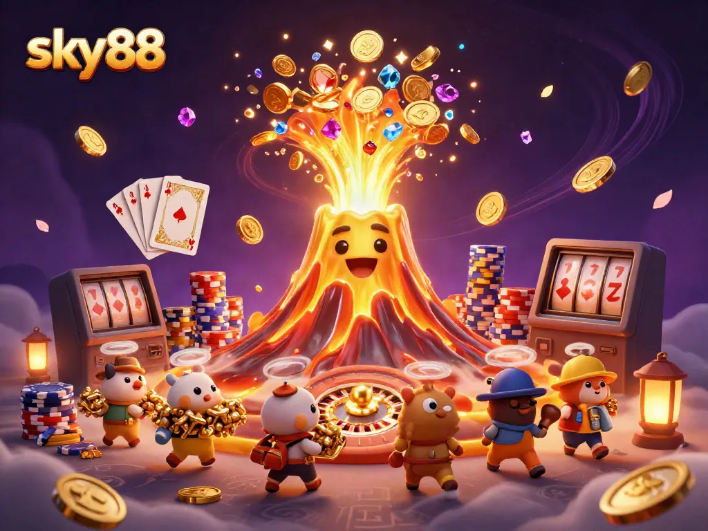 Experience the thrill of winning at sky88, with a dynamic scene of treasures, casino games, and excitement.