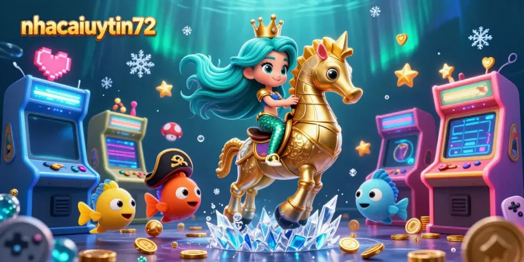 Experience the enchanting scene of nhacaiuytin72 where a mermaid princess and her seahorse companion explore a colorful underwater arcade.