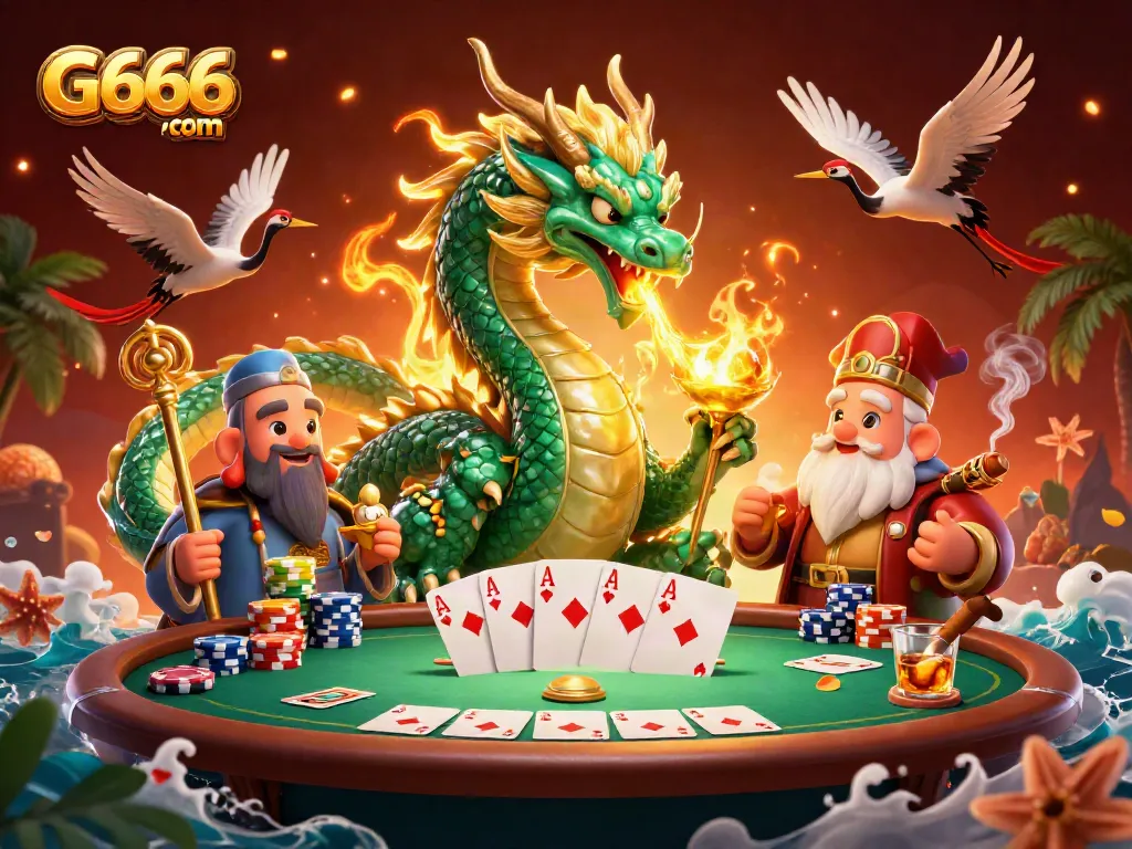 Win big with G666 com: an epic 3D illustration featuring dragons, poker cards, and casino elements.