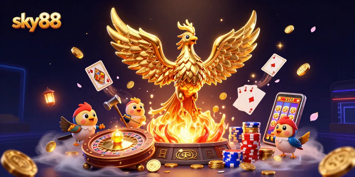 Experience the excitement of sky88 with a dynamic scene of fantasy gambling elements and vibrant coins.