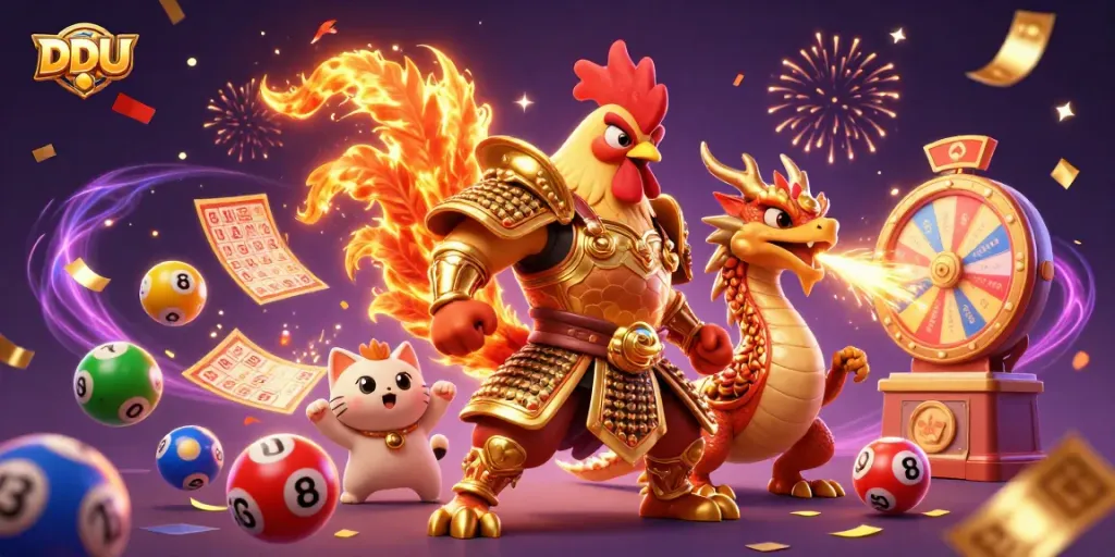 Bet on exhilarating DDUU games with a powerful rooster warrior and dragon hatchling in a vibrant casino illustration.