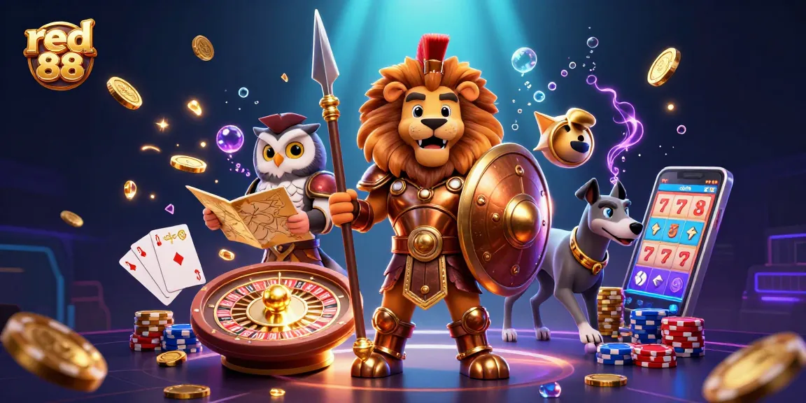 Join the fun at red 88 with a thrilling gaming scene featuring a lion hero, owl strategist, and swift greyhound!