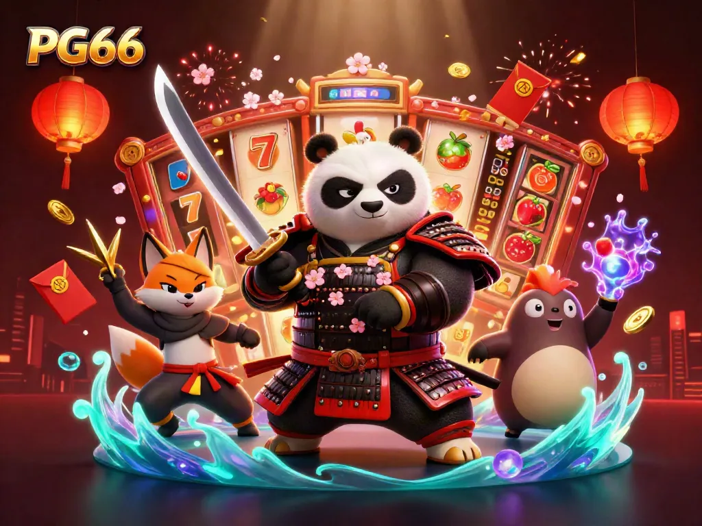 Experience high-stakes action at PG66 with a vibrant 3D casino scene featuring animated characters.