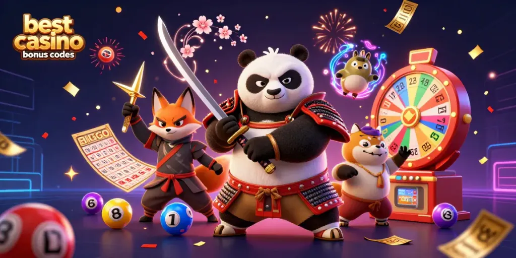 Engage with the best casino bonus codes in a vibrant 3D illustration showcasing a samurai panda, ninja fox, and magical tanuki.