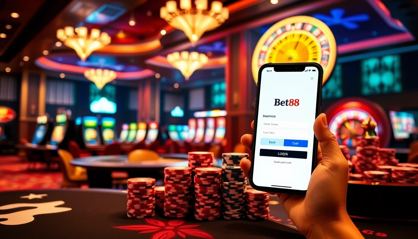 Experience Bet88 đăng nhập with an engaging casino atmosphere, showcasing table games and vibrant slot machines.