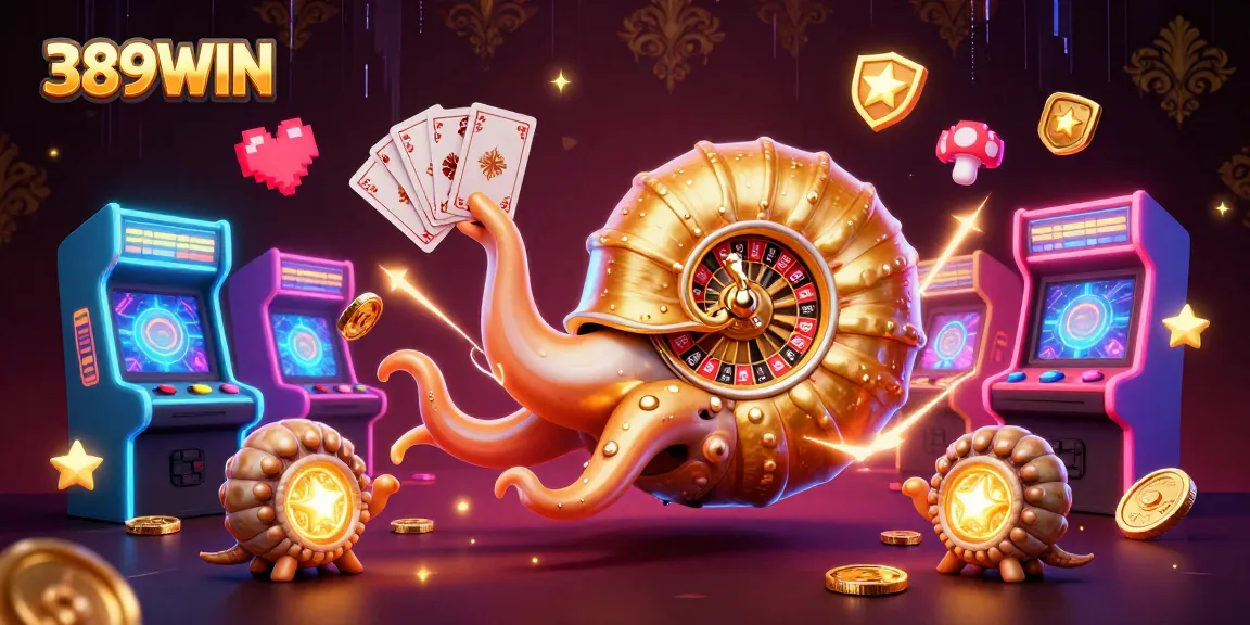 Experience thrilling gaming at 389WIN with a dynamic casino scene featuring a giant nautilus and glowing elements.