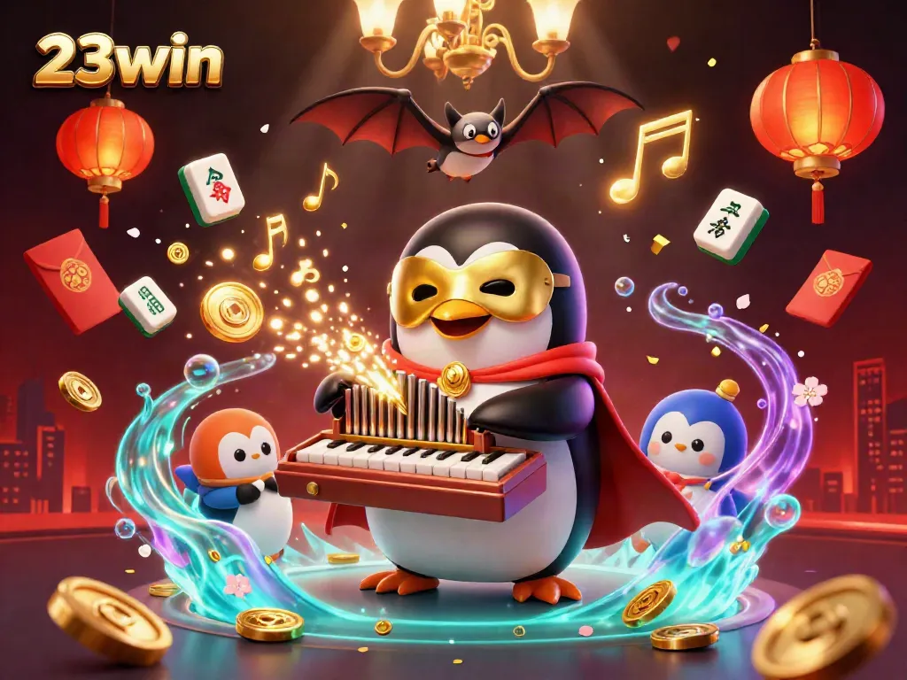 Experience the excitement of 23win with a 3D illustration of casino elements and a phantom penguin.