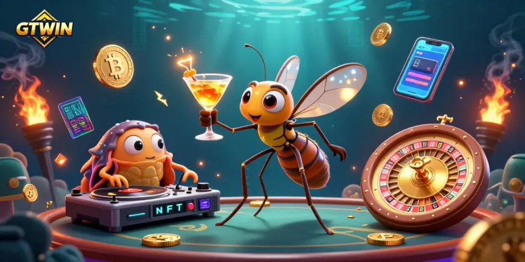 Engage with GTWIN's vibrant casino scene featuring a unique frozen-in-amber mosquito mascot.