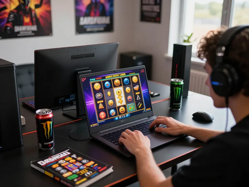 Player engaging with 27G online slots on a laptop, showcasing excitement and strategy for gaming.