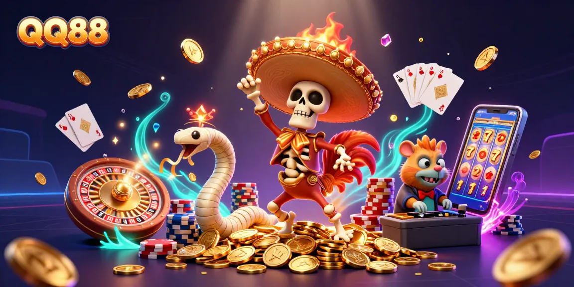 Experience thrilling gameplay with QQ88's vibrant action-packed casino scene featuring iconic characters.