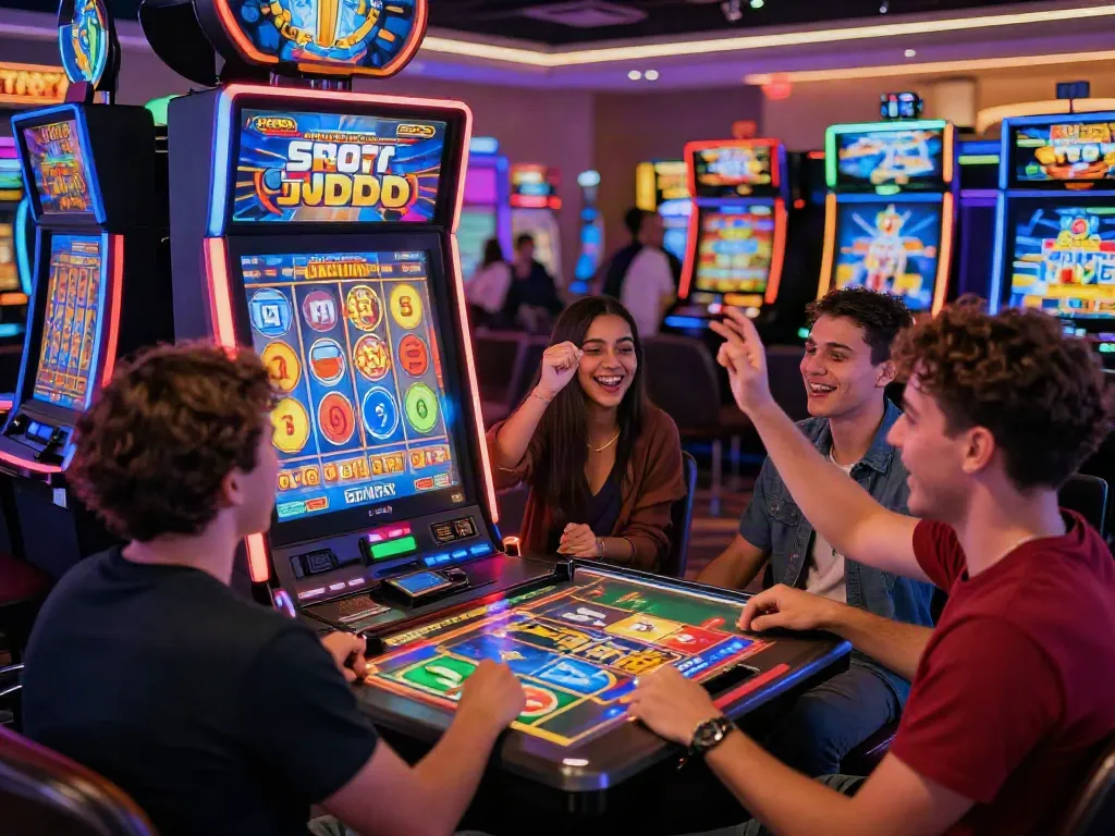 Grupo de amigos jogando Slot777 em um cassino moderno, ambiente vibrante e animado.