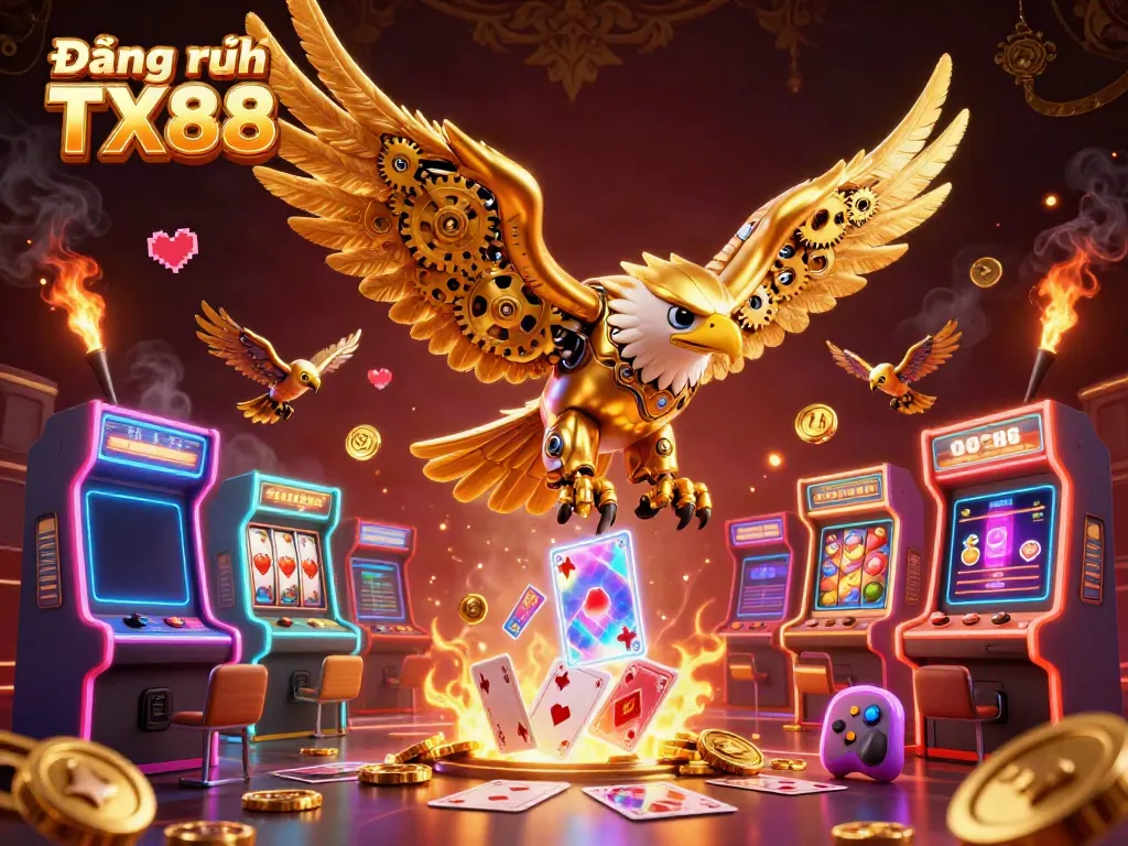 Engage with Đăng ký TX88 in a vibrant 3D casino scene featuring a golden eagle and arcade elements.