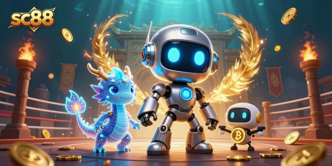 Engage with sc88's thrilling casino action featuring a cyberpunk robot and holographic dragon in a vibrant setting.