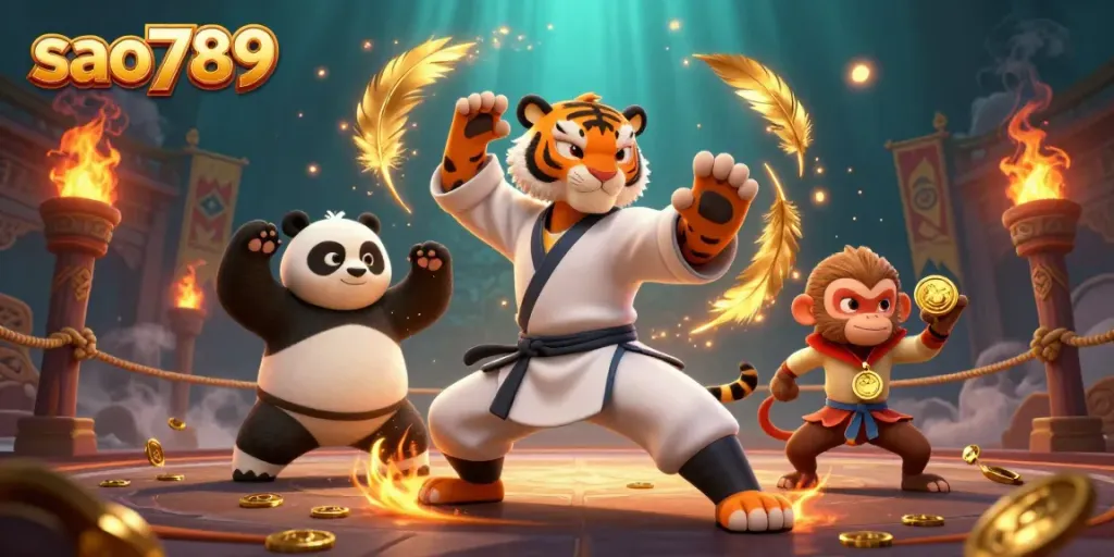 Sao789 offers thrilling gaming experiences with a kung fu tiger master, panda student, and monkey stealing medals in a rich casino setting.