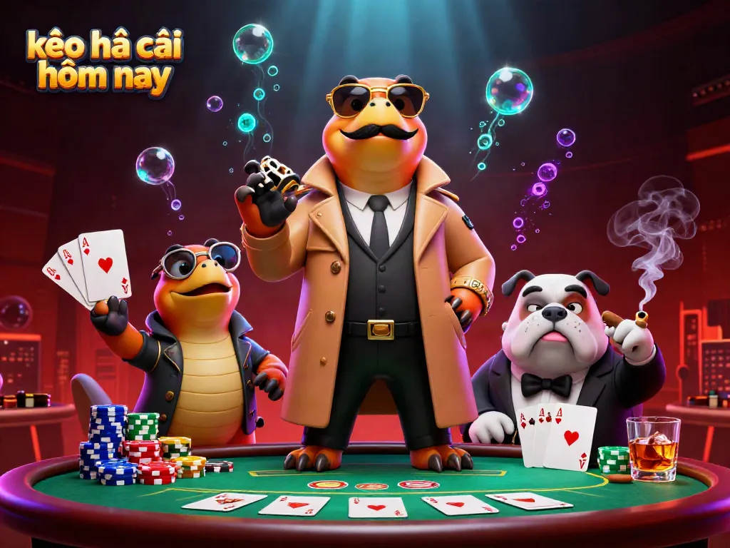Engage with kèo nhà cái hôm nay through a fun scene of raptors in a trench coat entering a casino with poker tables.