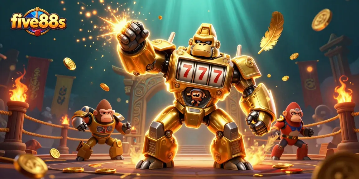 five88s showcases a vibrant 3D illustration of a golden gorilla mech with casino elements, celebrating slot gameplay.
