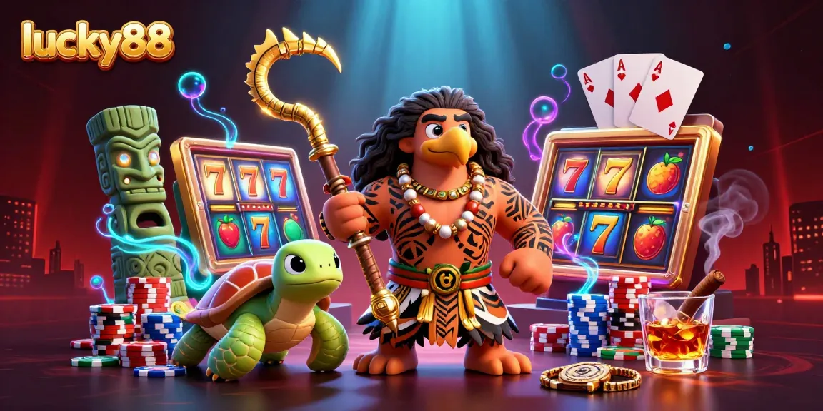 Spin the lucky88 slots while the demigod and turtle cheer in a vibrant casino scene.