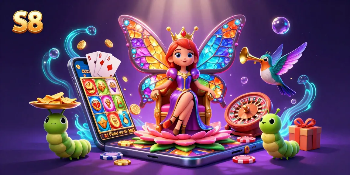 S8 captivates players with a vibrant scene of the butterfly queen and vibrant casino elements.
