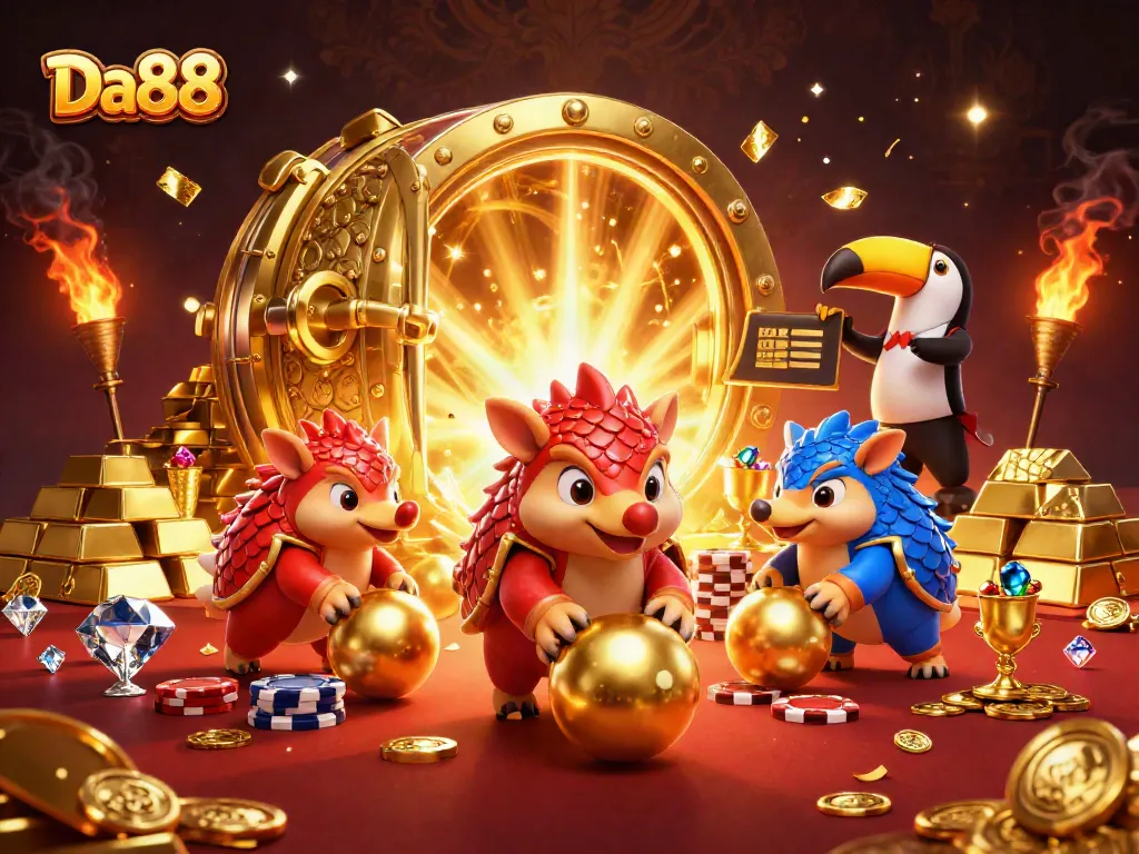 Da88 rivals playfully bowling through gold and poker chips in a vibrant casino scene.
