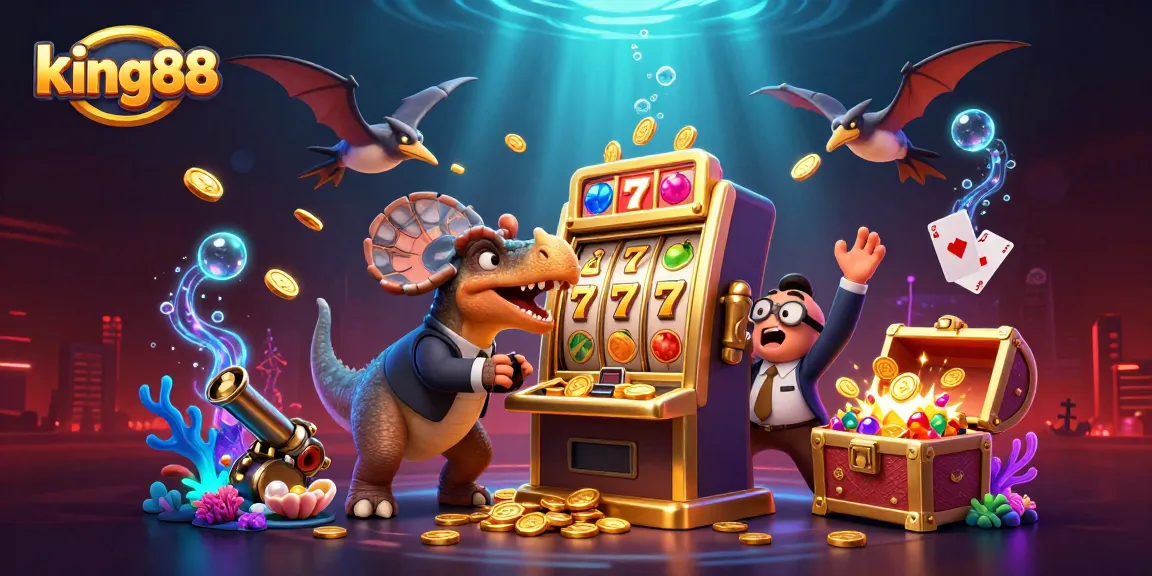 Experience king88's exciting casino adventure with a 3D illustration featuring slot machines and golden coins.