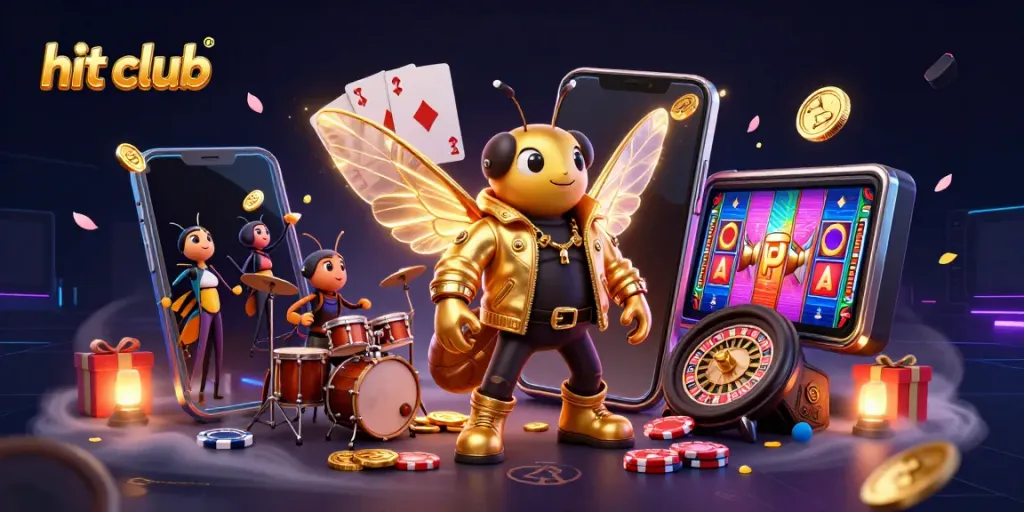 Hit club illustration showcasing vibrant casino elements with a rock star theme for engaging visual appeal.