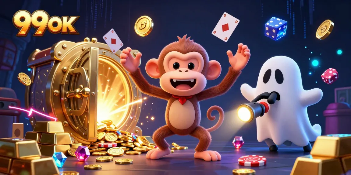 Experience the excitement of winning at 99 OK with a playful poltergeist monkey in a dazzling casino.