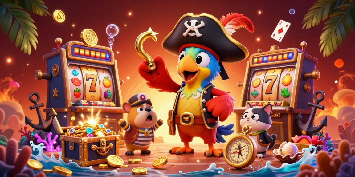 BOM 88 showcases animated pirate characters enjoying thrilling slot machines with colorful gems in an adventurous scene.