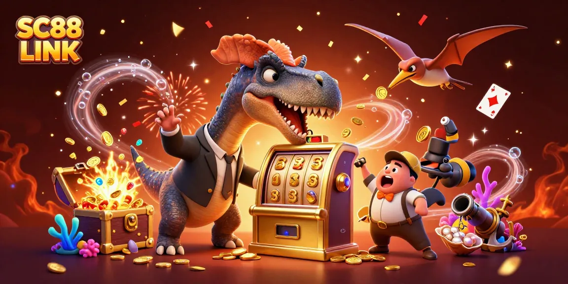Experience the thrill of winning with SC88 LINK as a dinosaur hits the jackpot in this vibrant casino scene.