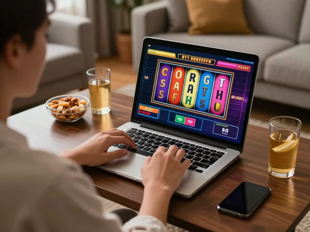 EK333 player enjoying dynamic slots gameplay on a sleek laptop in a cozy home setting