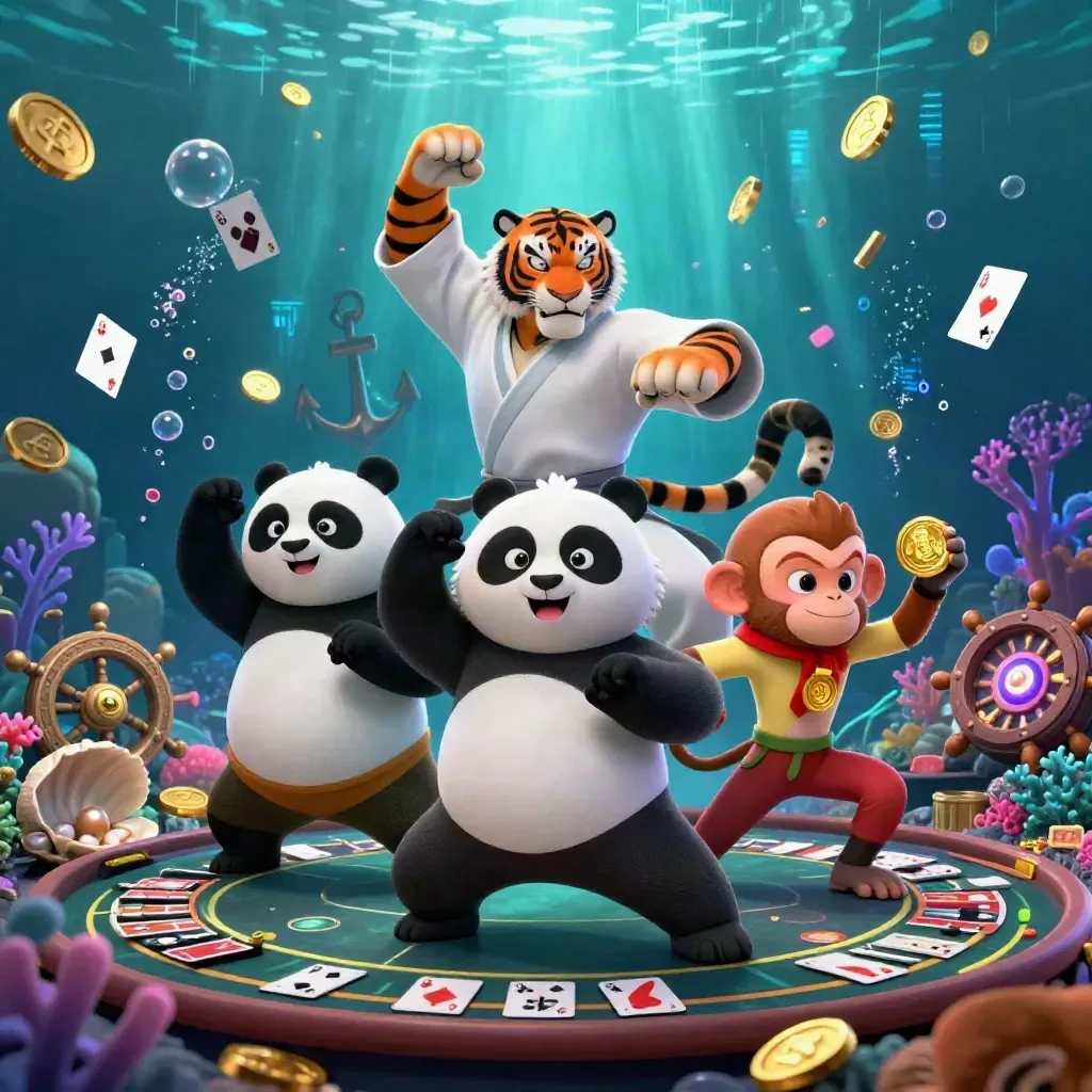 Tigre, panda e macaco em tesouro submarino neon de cassino.