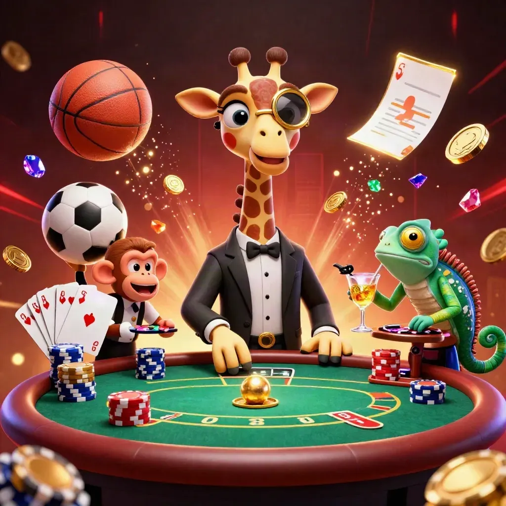 Girafa, macaco e camaleão em cassino luxuoso com bolas, fichas e luz dourada em ação.