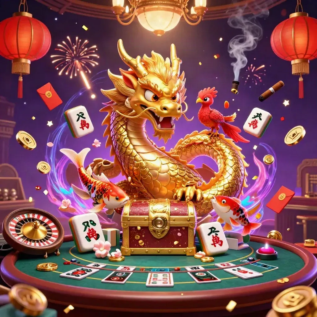 Dragão dourado com fênix e koi em cassino roxo e dourado, com roleta, moedas e luz mágica.