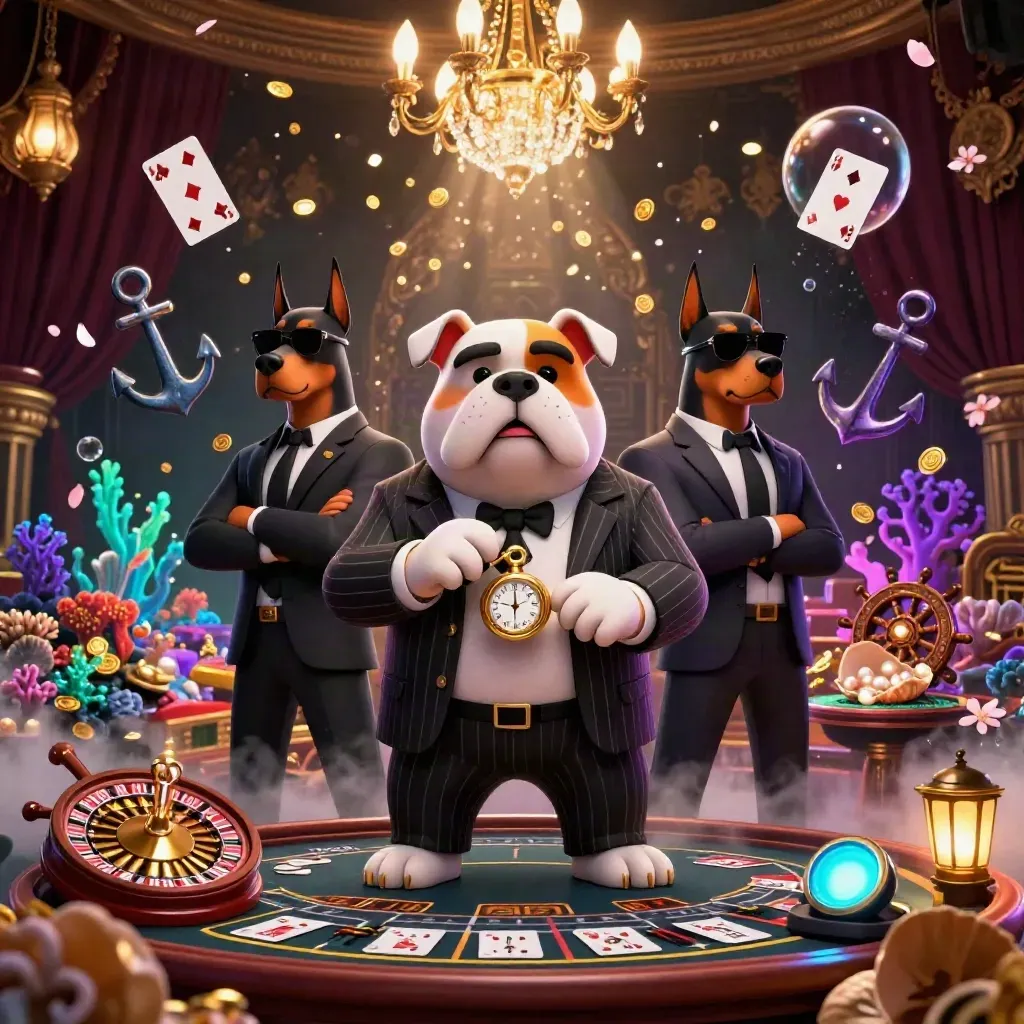 Bulldog mafioso e dois Dobermans de terno num cassino luxuoso com moedas, pérolas e luz dourada.