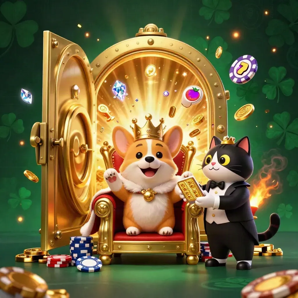 Corgi real com coroa e gato mordomo diante de cofre dourado explodindo em gemas
