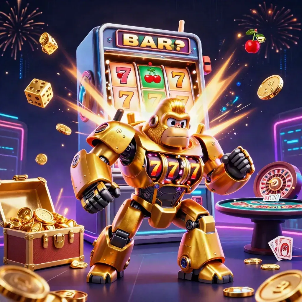 Macaco-robô dourado explode bônus em cenário neon com moedas, roleta e cartas.