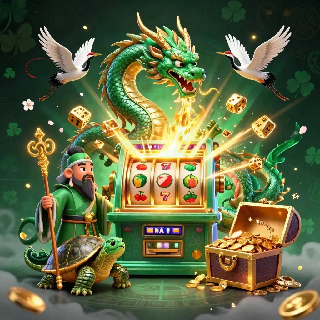 Dragão jade esmeralda com tartaruga sábia e guindastes, luz dourada e símbolos de caça-níquel