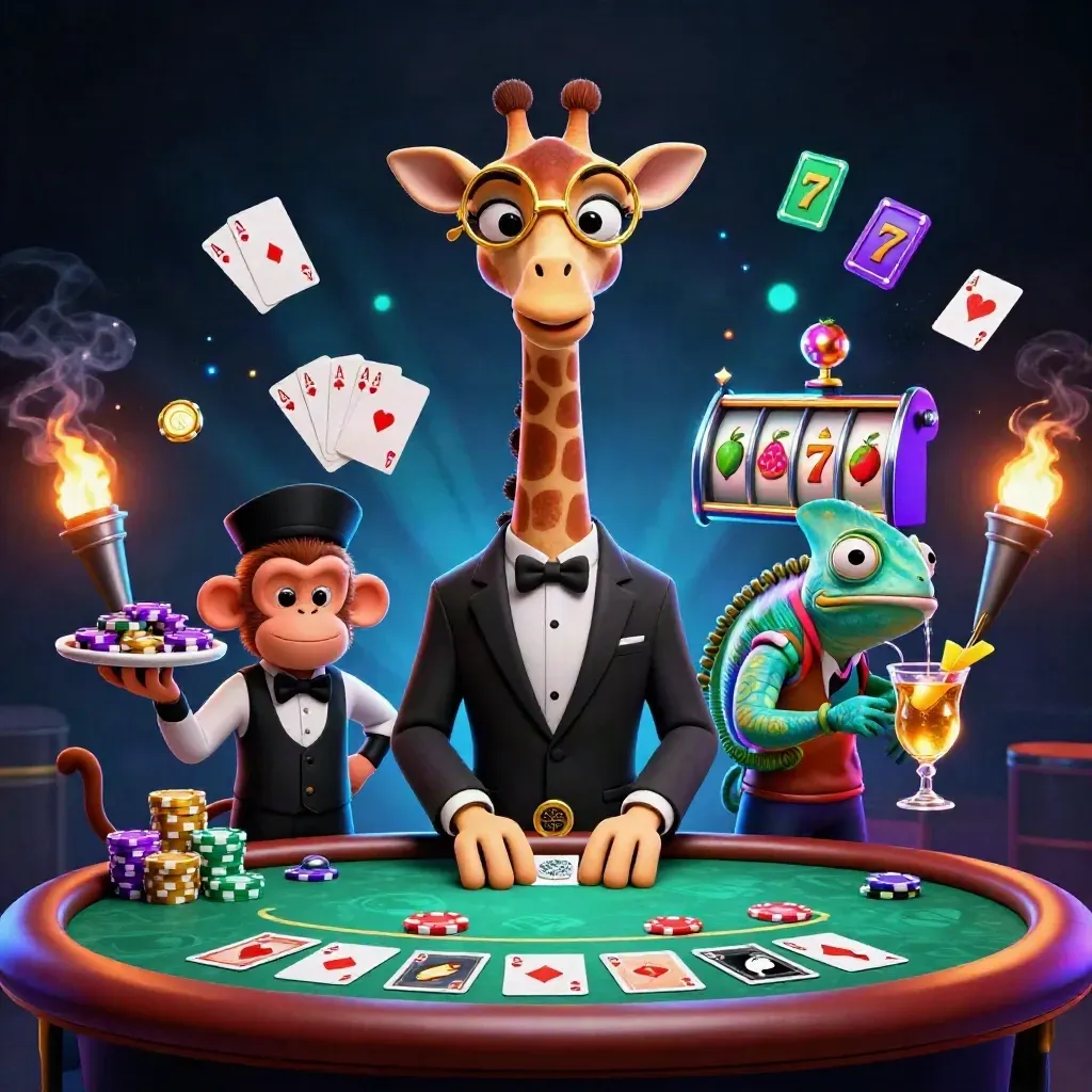 Girafa, macaco e camaleão em mesa de pôquer luxuosa com fichas e luzes neon.