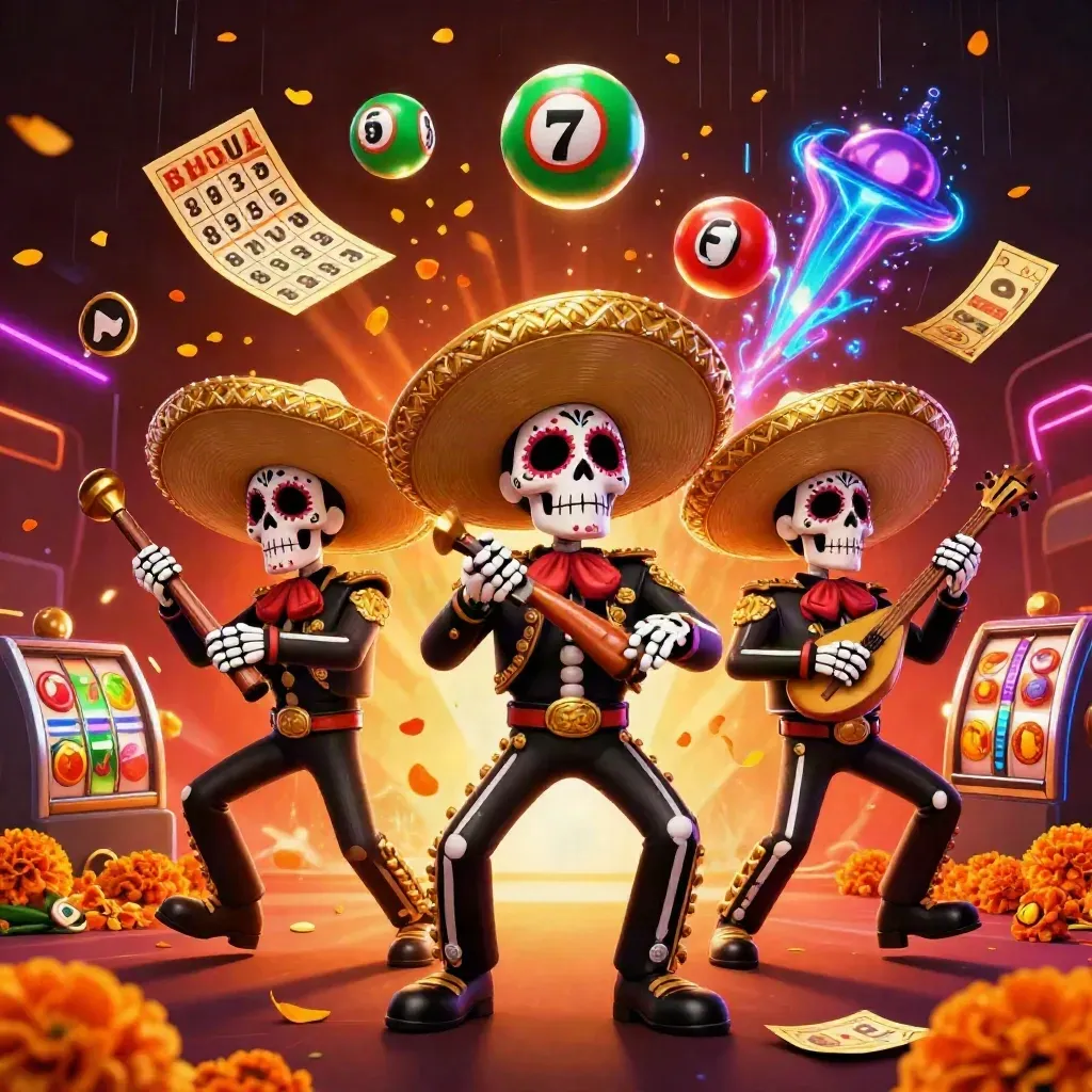 Trio de esqueletos mariachis em neon, com bolas, roleta, bônus e luzes de cassino.
