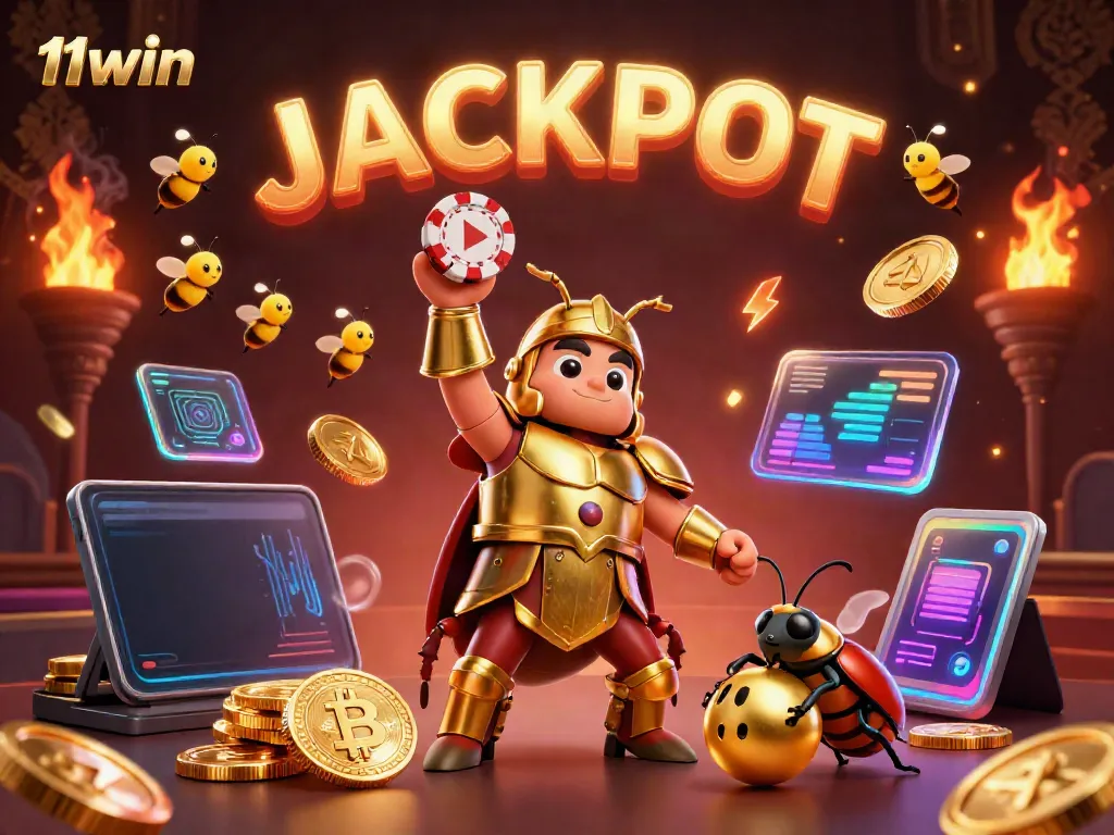 Witness the thrilling action of 11win as the victorious beetle lifts a poker chip, showcasing dynamic casino excitement.