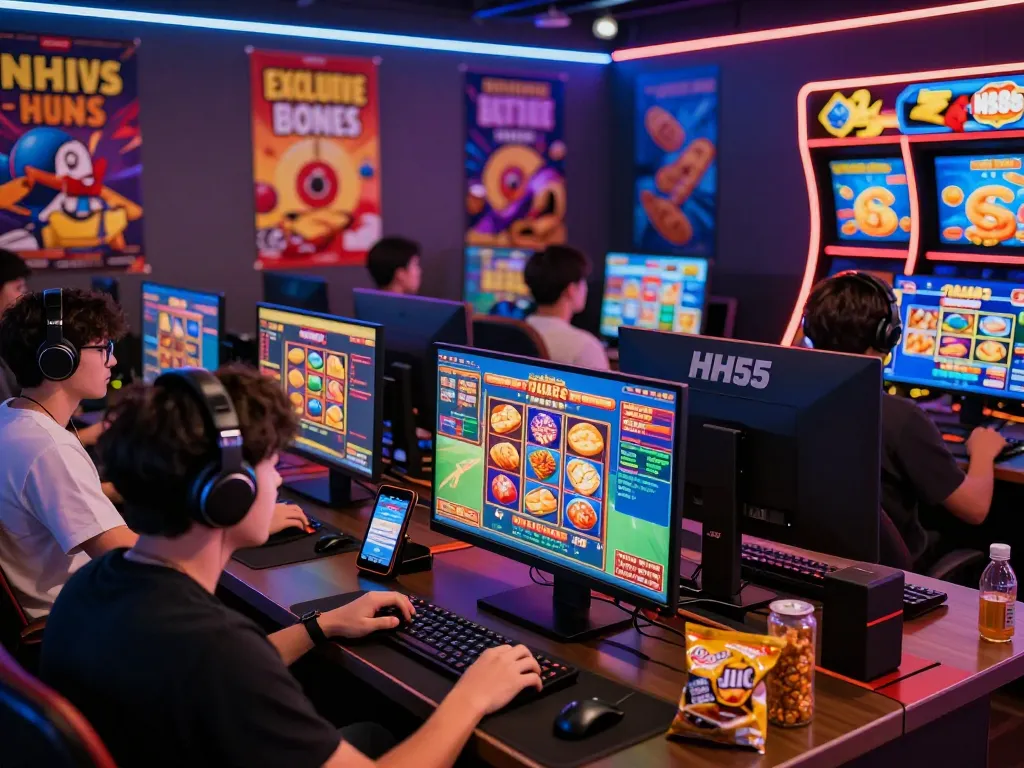 Exciting gaming atmosphere at HH55 with players enjoying online casino games.